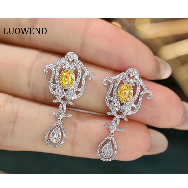 LUOWEND 18K White Gold Real Natural Yellow Diamond Drop Earrings for Women