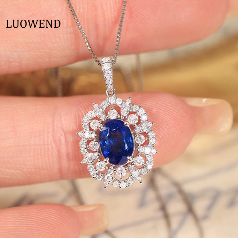 LUOWEND 18K White Gold Real Natural Sapphire and Diamond Gemstone Necklace for Women