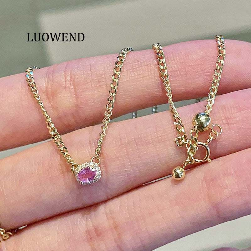 LUOWEND 18K Yellow Gold Natural Pink Sapphire Necklace for Women