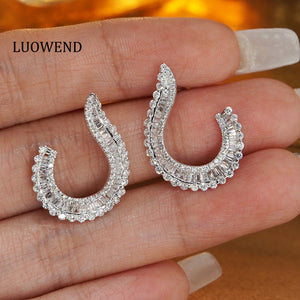 LUOWEND 18K White Gold Real Natural Diamond Stud Earrings for Women