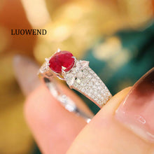 Load image into Gallery viewer, LUOWEND 18K White Gold Real Natural Diamond and Ruby Ring for Women
