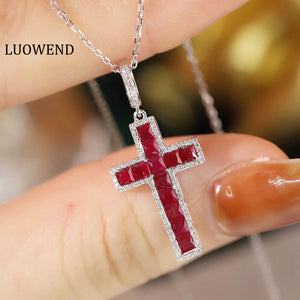 LUOWEND 18K White Gold Real Natural Ruby and Diamond Gemstone Necklace for Women