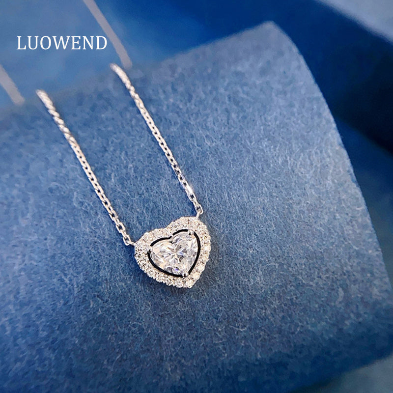 LUOWEND 18K White Gold Natural Diamond Pendant Necklace for Women