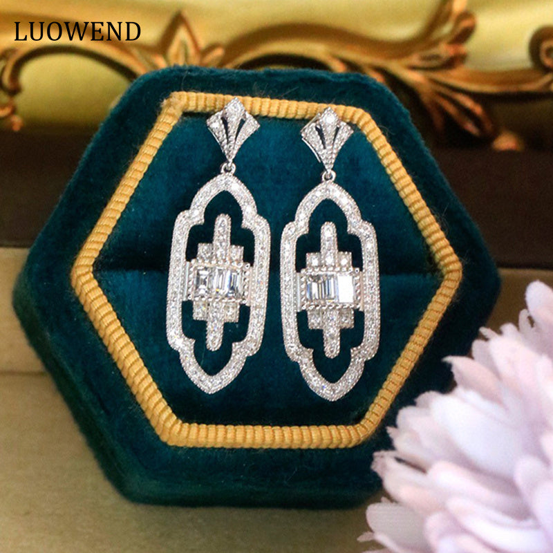 LUOWEND 18K White Gold Real Natural Diamond Drop Earrings for Women