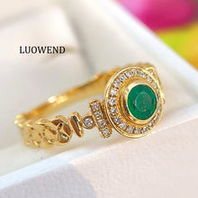 Load image into Gallery viewer, LUOWEND 18K Yellow Gold Natural Diamond&amp;Emerald Ring for Women
