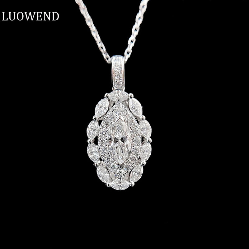 LUOWEND 18K White Gold Real Natural Diamond Pendant Necklace for Women