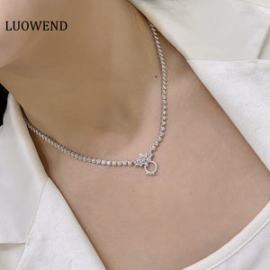 LUOWEND 18K White Gold Real Natural Diamond Necklace for Women