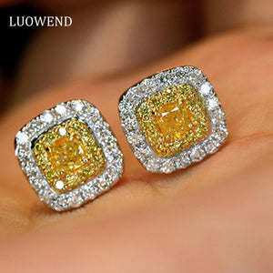 LUOWEND 18K White Gold Real Natural Yellow Diamond Stud Earrings for Women