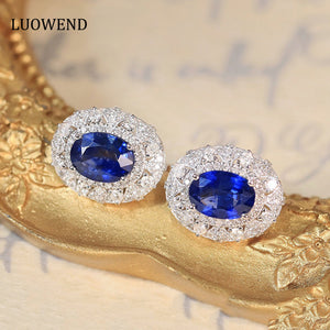 LUOWEND 18K White Gold Real Natural Sapphire and Diamond Gemstone Earrings for Women