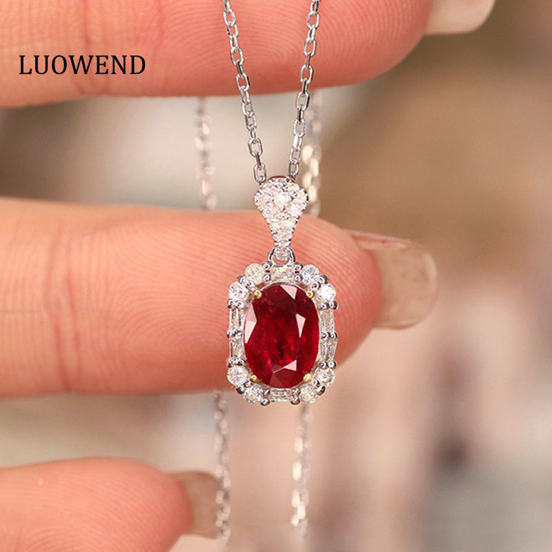 LUOWEND 18K White and Yellow Gold Real Natural Ruby and Diamond Gemstone Necklace for Women