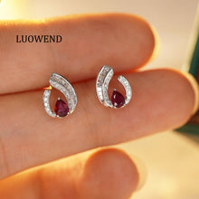 Load image into Gallery viewer, LUOWEND 18K White Gold Real Natural Diamond&amp;Ruby Stud Earrings for Women
