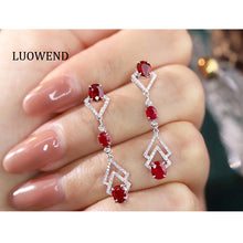 Load image into Gallery viewer, LUOWEND 18K White Gold Real Natural Diamond and Ruby Earrings for Women
