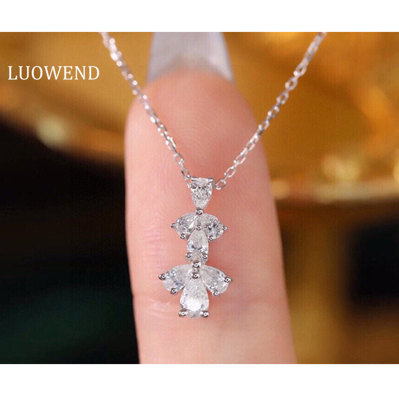 LUOWEND 18K White Gold Real Natural Diamond Pendant Necklace for Women