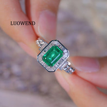 Load image into Gallery viewer, LUOWEND 18K White Gold Real Natural Diamond and Emerald Ring for Women
