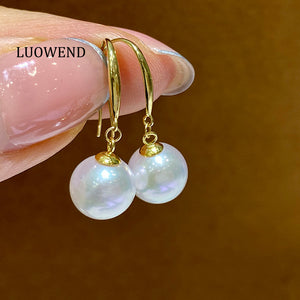 LUOWEND 18K Yellow Gold Real Natural Akoya Pearl Earrings for Women