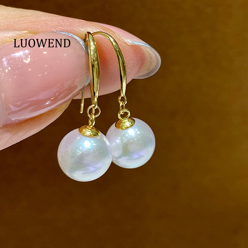 LUOWEND 18K Yellow Gold Real Natural Akoya Pearl Earrings for Women