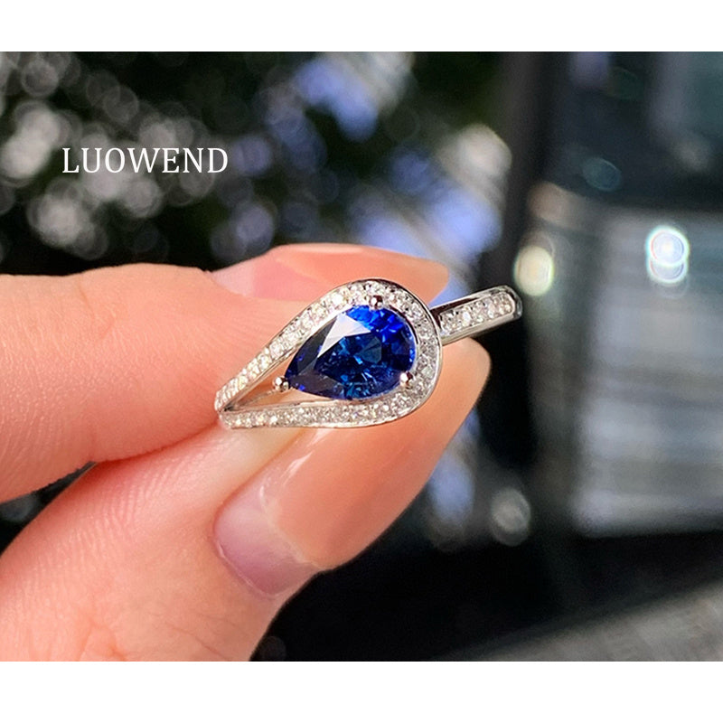 LUOWEND 18K White Gold Natural Sapphire Ring for Women