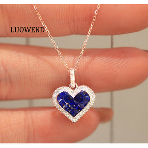 LUOWEND 18K White Gold Natural Sapphire Necklace for Women