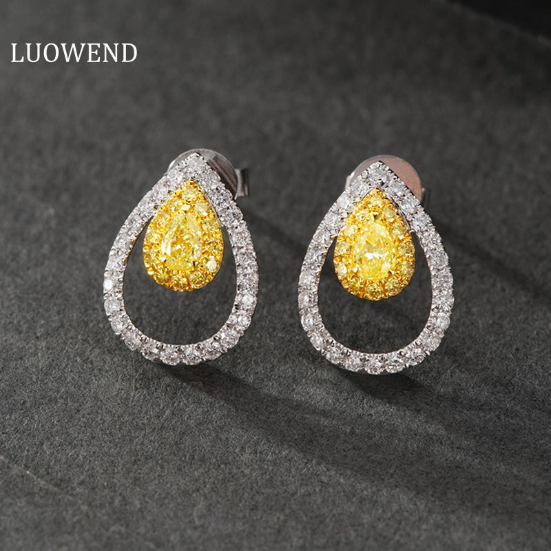 LUOWEND 18K White Gold Real Natural Yellow Diamond Stud Earrings for Women