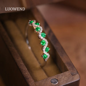 LUOWEND 18K White Gold Real Natural Emerald Ring for Women