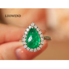 Load image into Gallery viewer, LUOWEND 18K White Gold Natural Emerald Ring for Women
