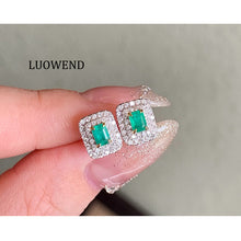 Load image into Gallery viewer, LUOWEND 18K White Gold Natural Emerald Earrings for Women
