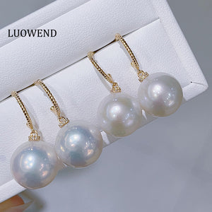 LUOWEND 18K Yellow Gold Real Natural Freshwater Pearl Earrings for Women