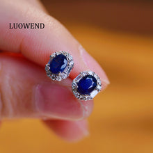 Load image into Gallery viewer, LUOWEND 18K White Gold Real Natural Diamond and Sapphire Earrings for Women
