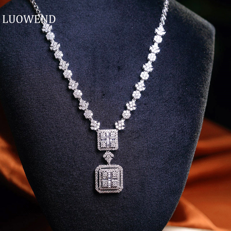 LUOWEND 18K White Gold Real Natural Diamond Necklace for Women