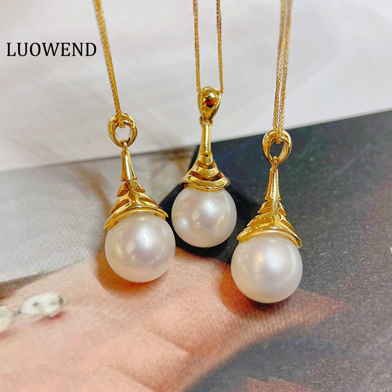 LUOWEND 18K Yellow Gold Natural Freshwater Pearl Necklace for Women