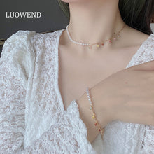 Load image into Gallery viewer, LUOWEND 18K Yellow Gold Real Natural Aquamarine and Pearl Necklace for Women
