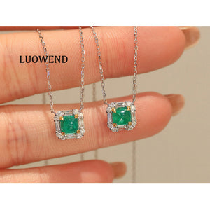 LUOWEND 18K White Gold Natural Emerald Necklace for Women