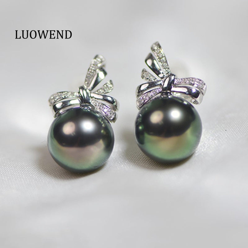 LUOWEND 18K White Gold Real Natural Tahiti Black Pearl Earrings for Women