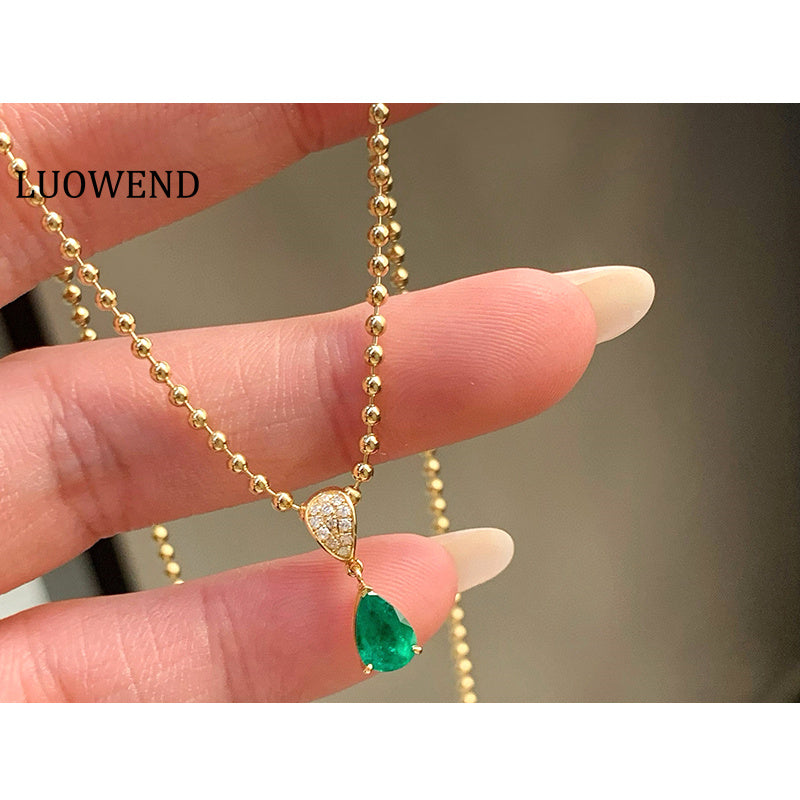 LUOWEND 18K Yellow Gold Natural Emerald Pendant for Women