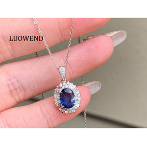 LUOWEND 18K White Gold Natural Sapphire Necklace for Women
