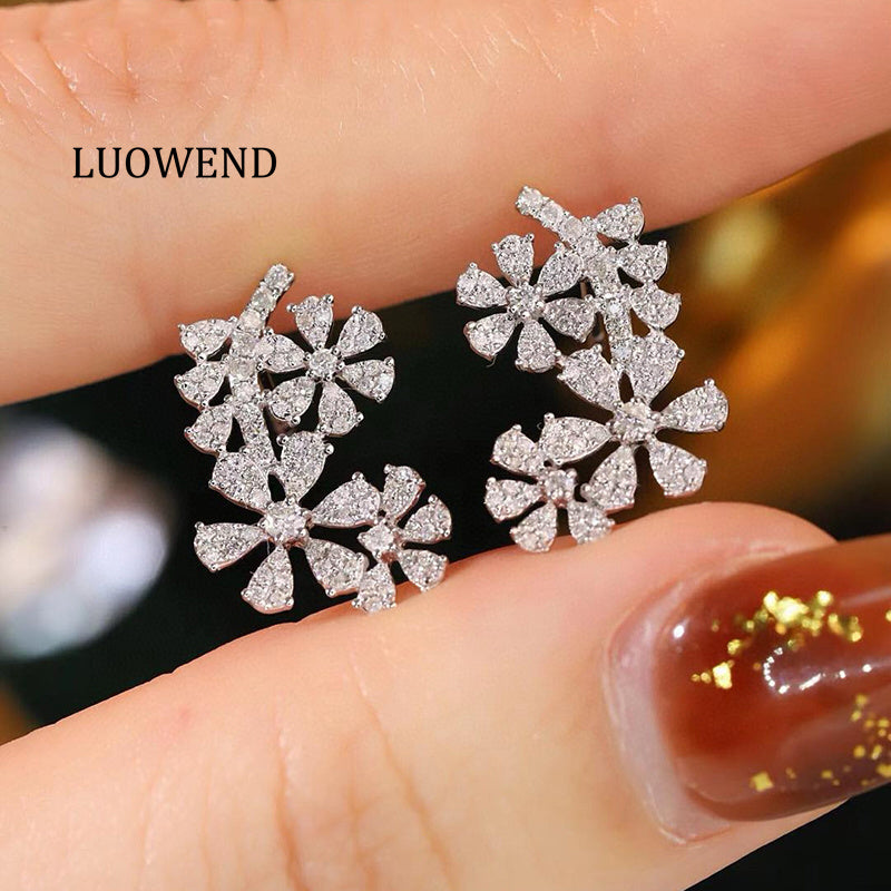 LUOWEND 18K White Gold Natural Diamond Earrings for Women