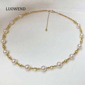 LUOWEND 18K Yellow Gold Natural Pearl Necklace for Women