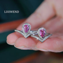 Load image into Gallery viewer, LUOWEND 18K White Gold Real Natural Diamond and Pink Sapphire Ring for Women
