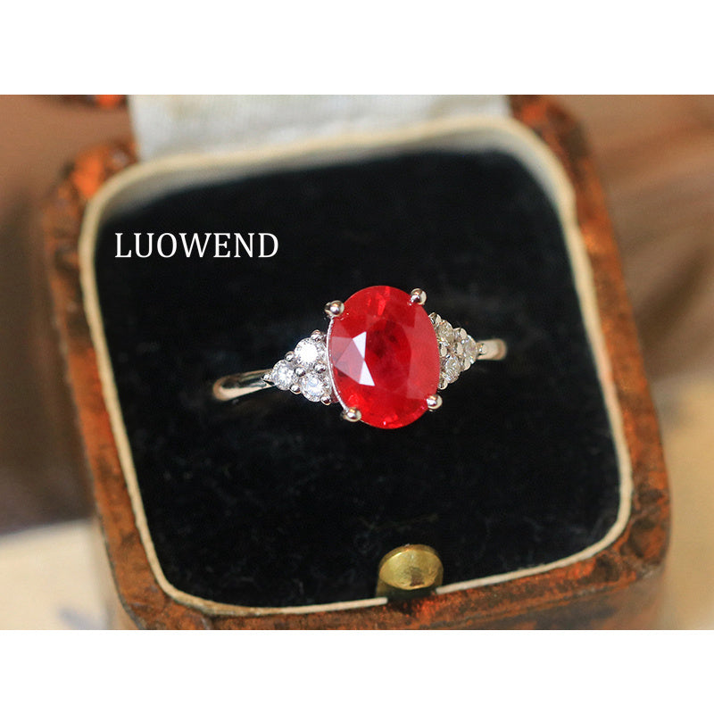 LUOWEND 18K White Gold Natural Ruby Ring for Women