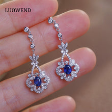 Load image into Gallery viewer, LUOWEND 18K White Gold Real Natural Diamond Natural Sapphire Earrings for Women
