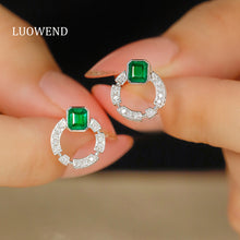 Load image into Gallery viewer, LUOWEND 18K White Gold Real Natural Emerald and Diamond Gemstone Earrings for Women

