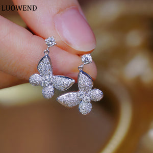 LUOWEND 18K White Gold Real Natural Diamond Drop Earrings for Women