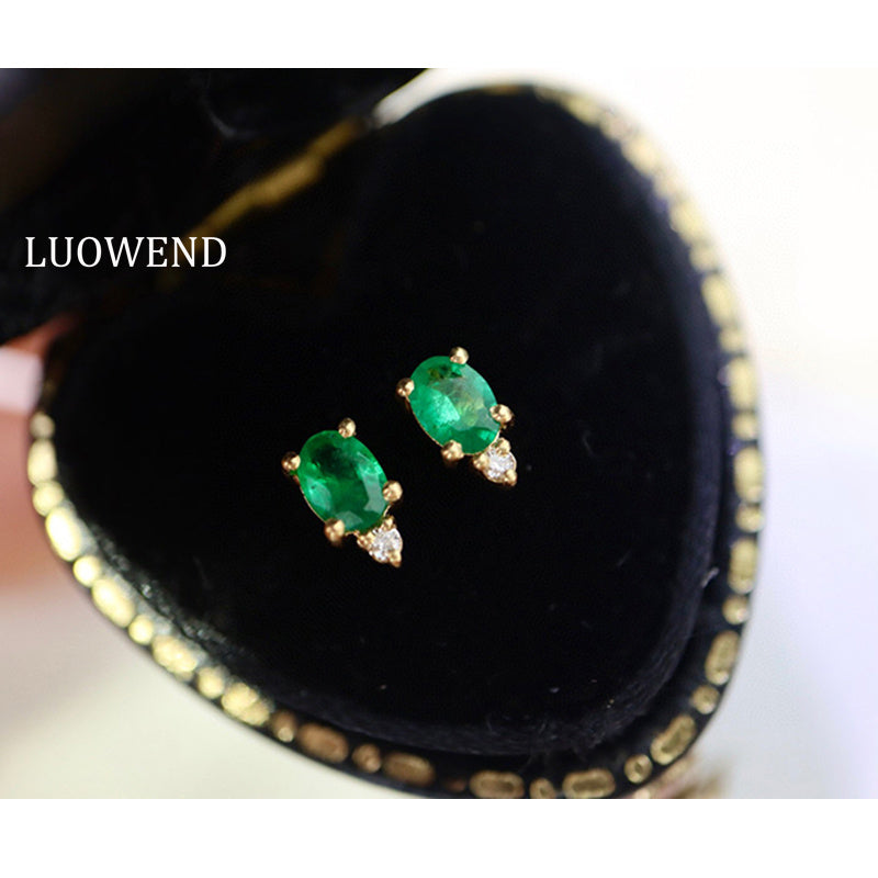 LUOWEND 18K Yellow Gold Real Natural Emerald and Diamond Gemstone Earrings for Women