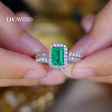 Load image into Gallery viewer, LUOWEND 18K White Gold Real Natural Diamond and Emerald Ring for Women
