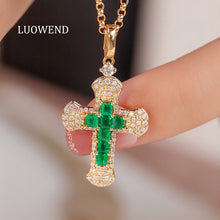 Load image into Gallery viewer, LUOWEND 18K Yellow Gold Real Natural Emerald and Diamond Gemstone Necklace for Women
