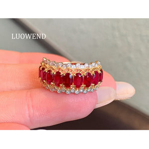 LUOWEND 18K White+Yellow Gold Natural Ruby Ring for Women