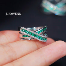 Load image into Gallery viewer, LUOWEND 18K White Gold Natural Diamond and Emerald Ring for Women
