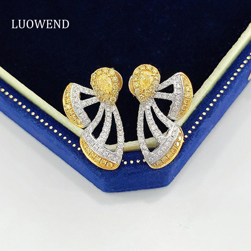LUOWEND 18K White Gold Real Natural Yellow Diamond Stud Earrings for Women