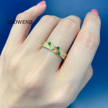 Load image into Gallery viewer, LUOWEND 18K Yellow Gold Real Natural Diamond and Emerald Ring for Women
