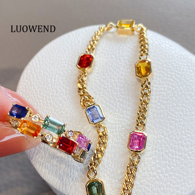 LUOWEND 18K Yellow Gold Real Natural Aquamarine Bracelet for Women